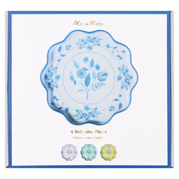 Our large reusable plates, made from practical melamine, come in four pastel shades with a cobalt blue botanical print transfer. Image7