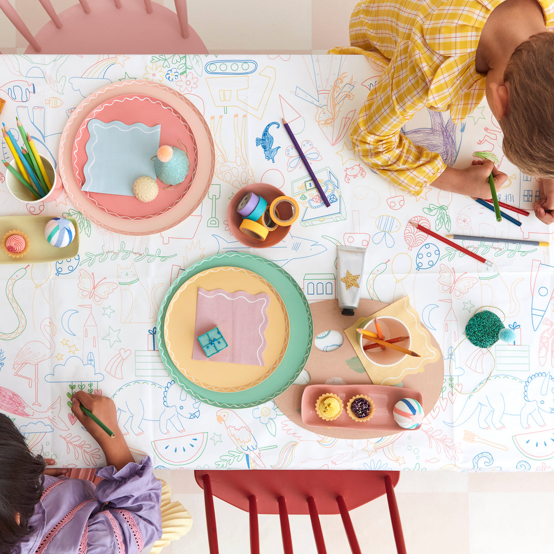 Our paper tablecloth, will illustrations for kids to colour in, is great to add to your birthday party supplies.