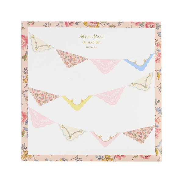 Our pretty garland set features floral pennants and pink velvet ribbons for hanging, perfect as bridal shower decorations and elegant gatherings. Image4