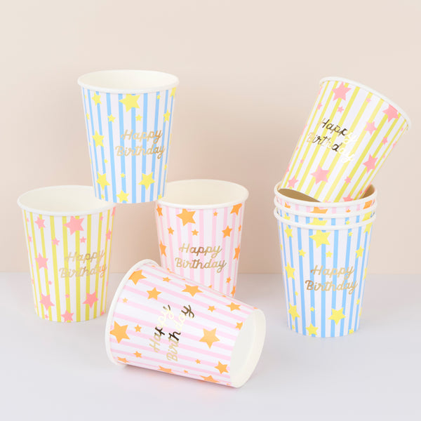 Our paper cups feature a shiny gold foil “Happy birthday” message, along with bright stripes and neon stars, great for hot and cold drinks. Image1