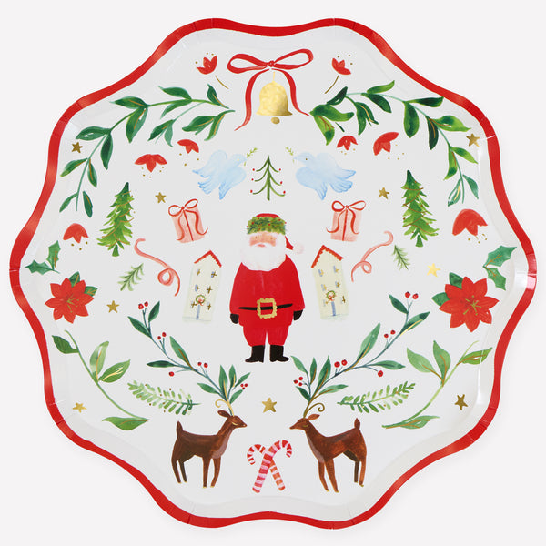 I nostri piatti di Natale, realizzati in carta pesante, presentano una scena di Babbo Natale di ispirazione folkloristica, perfetta per gli ospiti di tutte le età. Immagine1