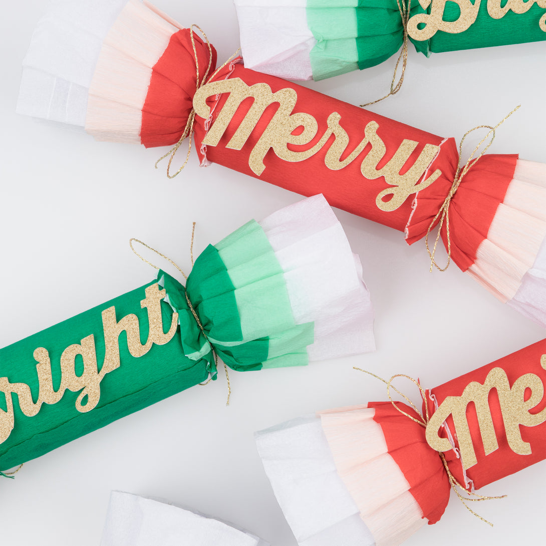 Our luxury Christmas crackers have festive colours, gold foil details and exciting gifts.