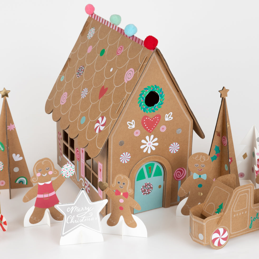 Our advent calendar features stickers and pompoms to place on a gingerbread festive scene, perfect for lots of Christmas fun.