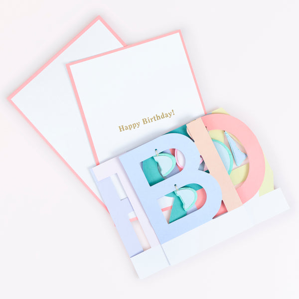 Our 3D Birthday cards opens out to reveal the word 'Birthday' in vibrant letters with 3D honeycomb details for a fun effect. Image3
