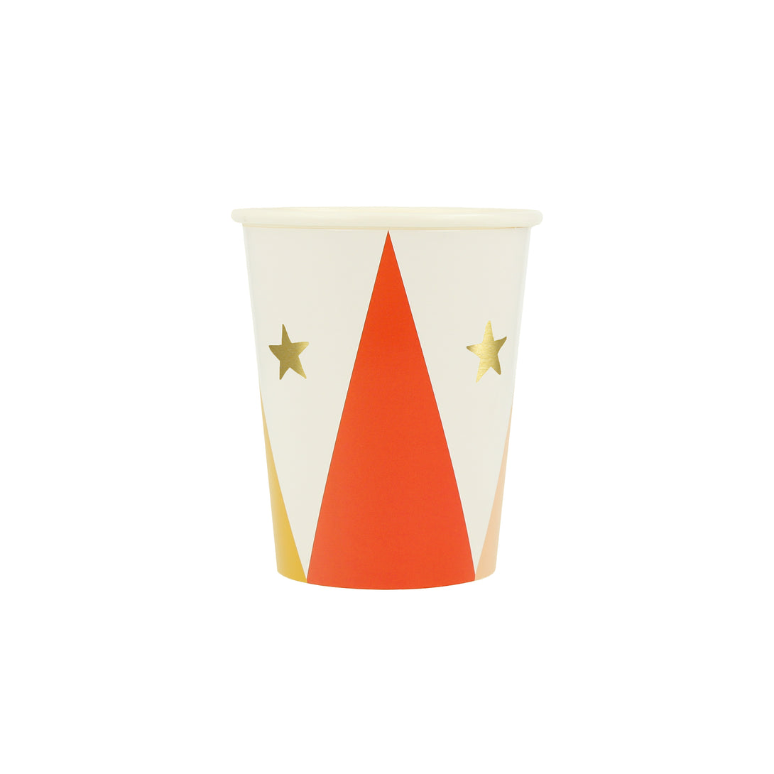 Our circus cups are perfect for a circus themed party, with bright colours and shiny gold foil stars.