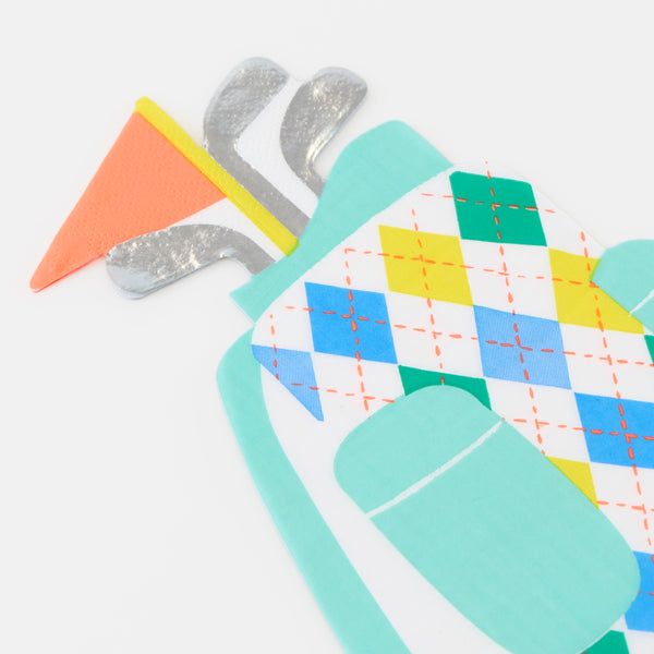 Add a sporty look to your party with our golf bag shaped paper napkins, featuring a bright argyle design they'll add colour and fun. Image2