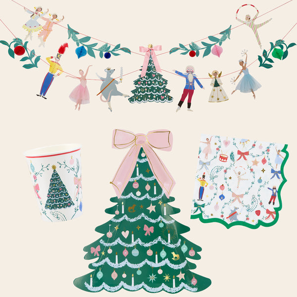 Our special New York City Ballet inspired Nutcracker party set features a beautiful Christmas garland, plates, cups and napkins. Image1