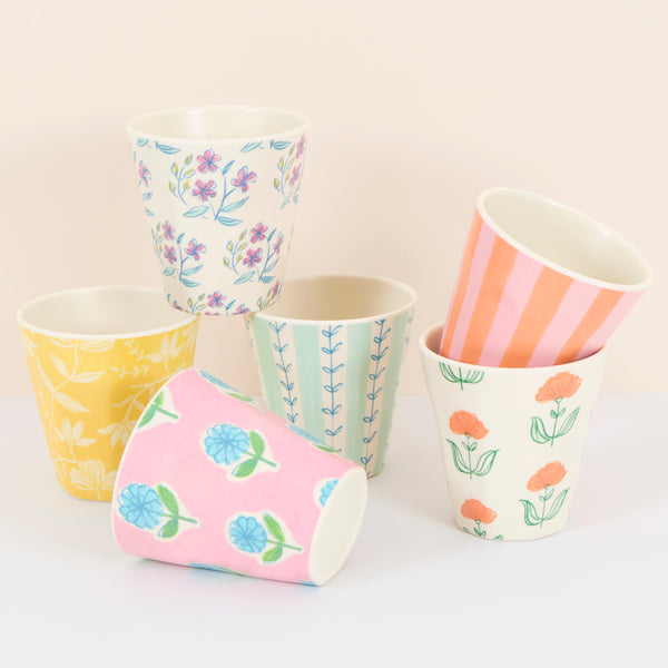 Our melamine cups feature pretty floral designs in summery colours, ideal for hot and cold drinks at garden parties and picnics. Image1