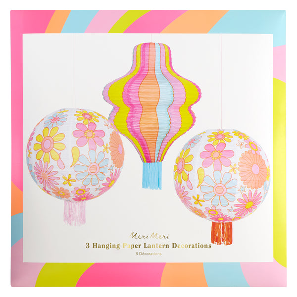 Our paper lanterns set, with 2 round laterns and 1 wavy lantern, feature vibrant flower designs, ideal for a groovy look. Image7