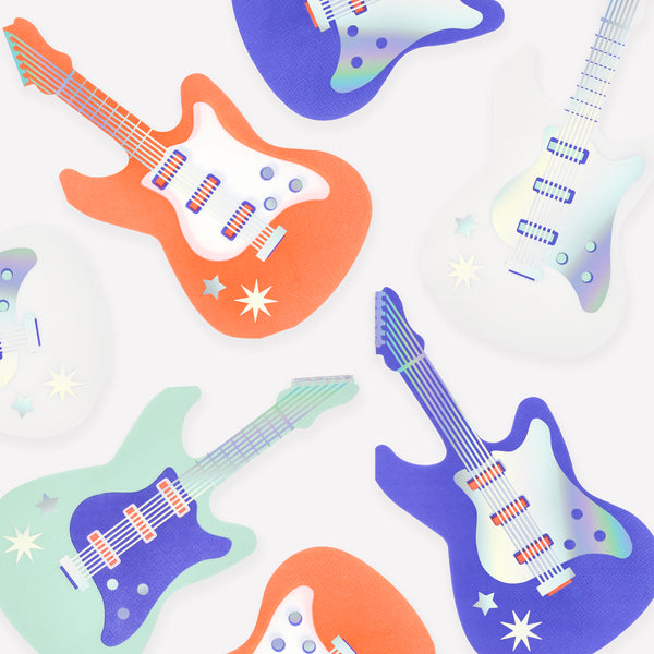 For a cool touch at a music lover's party add our paper napkins in the shape of an electric guitar, in neon coral, blue, mint and white. Image1