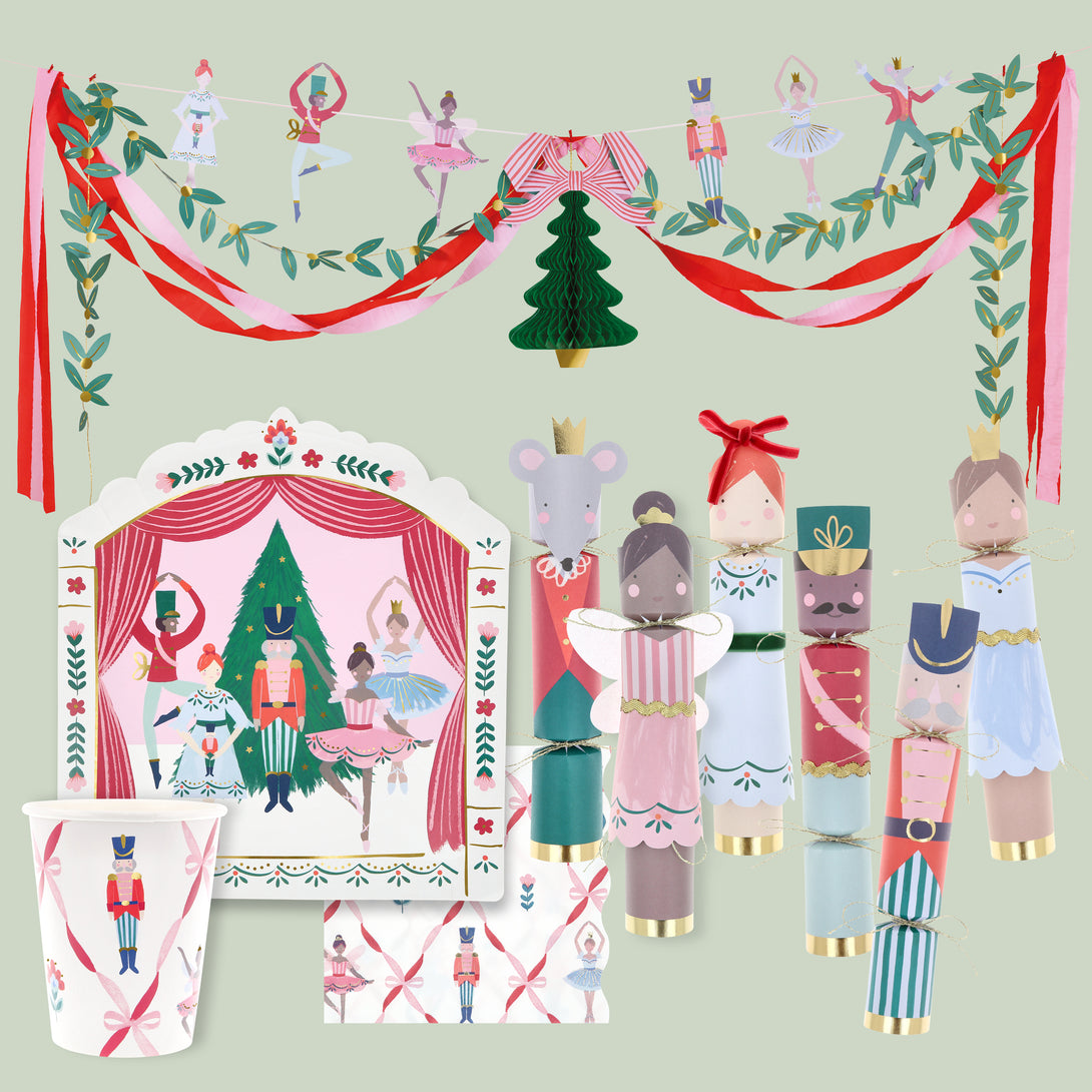 Enjoy a Nutcracker Ballet party this Christmas with our paper plates, napkins, cups, no-snap crackers and a statement Christmas garland. 
