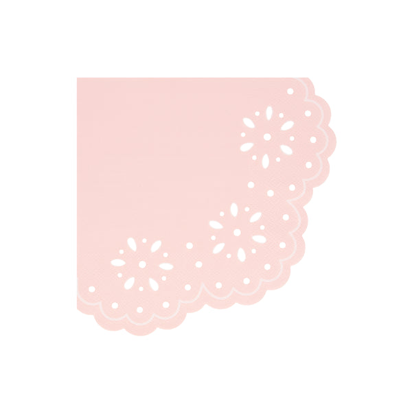 Our large party napkins, pink and peach napkins, have a pretty embossed lace design. Image5