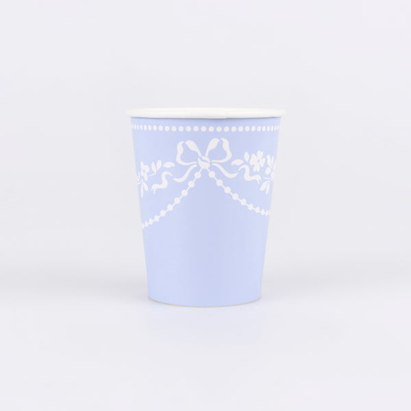 Our paper cups are made in cornflower blue with a white ornate design, perfect for hot and cold drinks for sophisticated parties. Image1