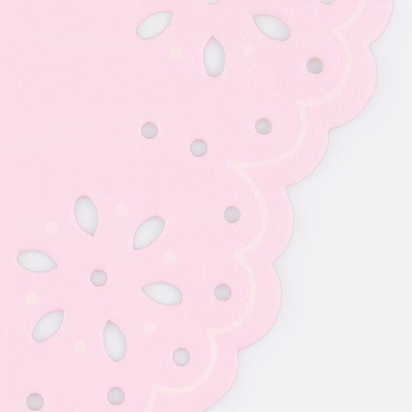 Our small party napkins, peach and pink napkins, feature a lace design with embossed details, ideal as baby shower napkins. Image3