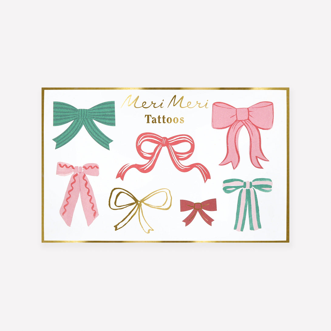 Our temporary tattoos feature Christmas bow designs in a mix of classic and modern colours with shiny gold foil details for a stunning look. Image1