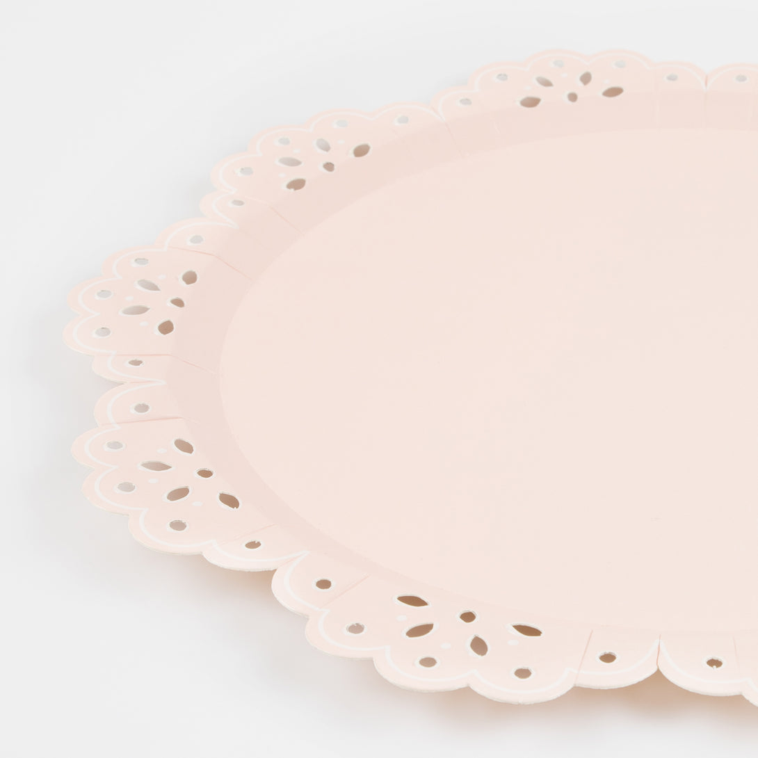 Our pretty party plates with a lace design are the perfect baby shower plates or bridal shower plates.