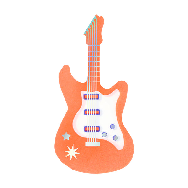 For a cool touch at a music lover's party add our paper napkins in the shape of an electric guitar, in neon coral, blue, mint and white. Image3