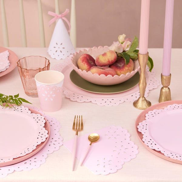 Our large party napkins, pink and peach napkins, have a pretty embossed lace design. Image2