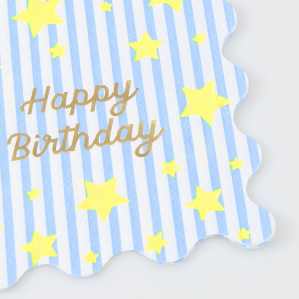 Our small napkins, made from 3-ply paper, are perfect for a birthday party, featuring stripes, neon stars, and a gold foil “Happy Birthday”. Image2
