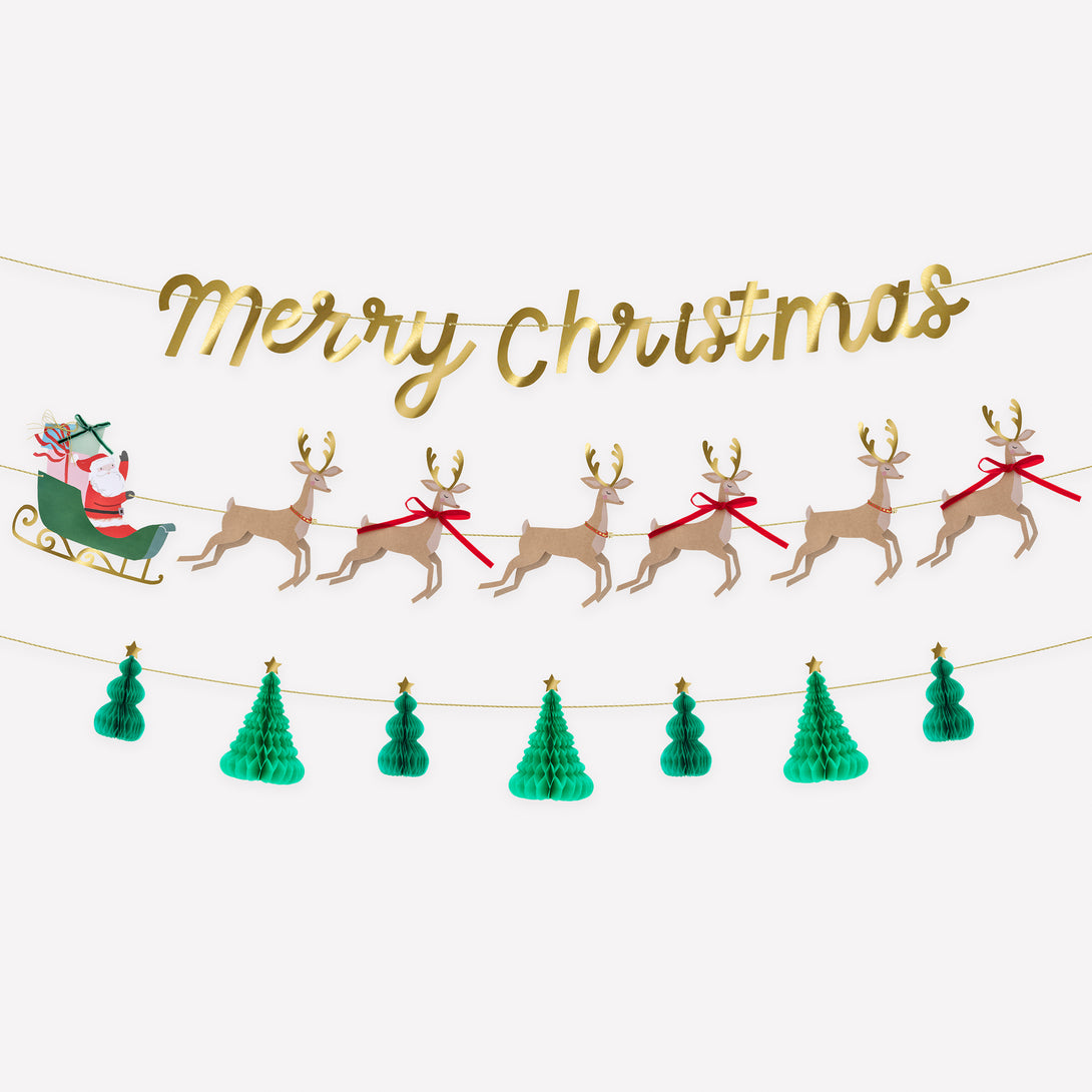 Our special Christmas garland set includes 3 garlands featuring Santa and his reindeer, 3D Christmas trees and a Merry Christmas message. Image1