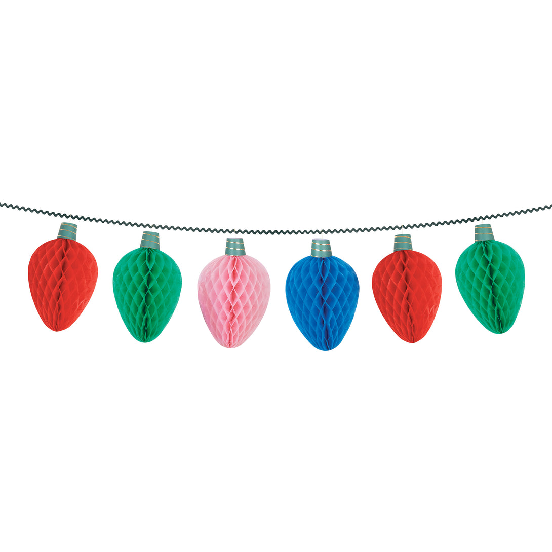 Our Christmas garland, made from honeycomb paper, features 3D details of fairy light designs in festive colours. Image3