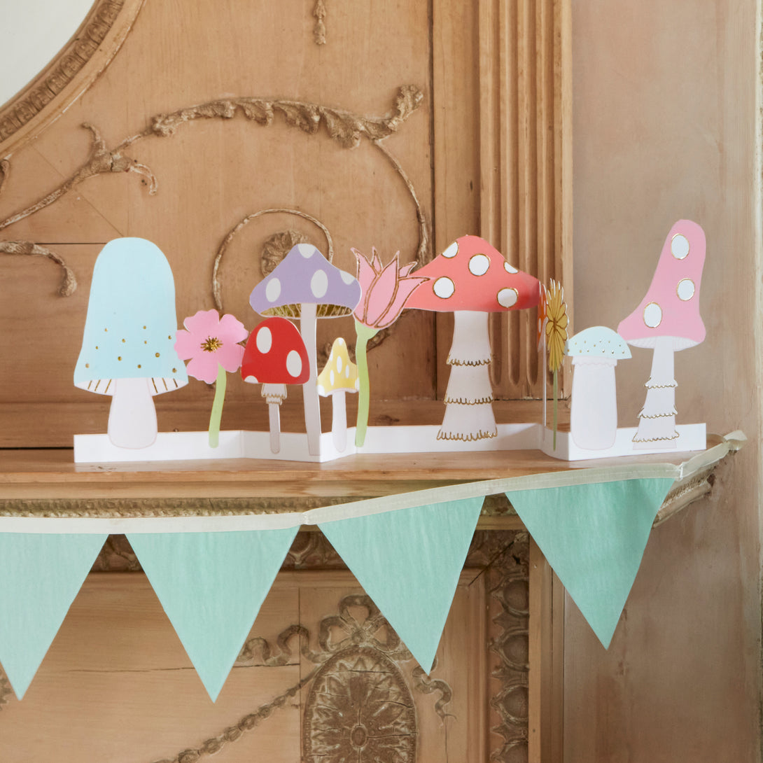 Our mushroom birthday card is a concertina card, so is a fun mantel decoration too.