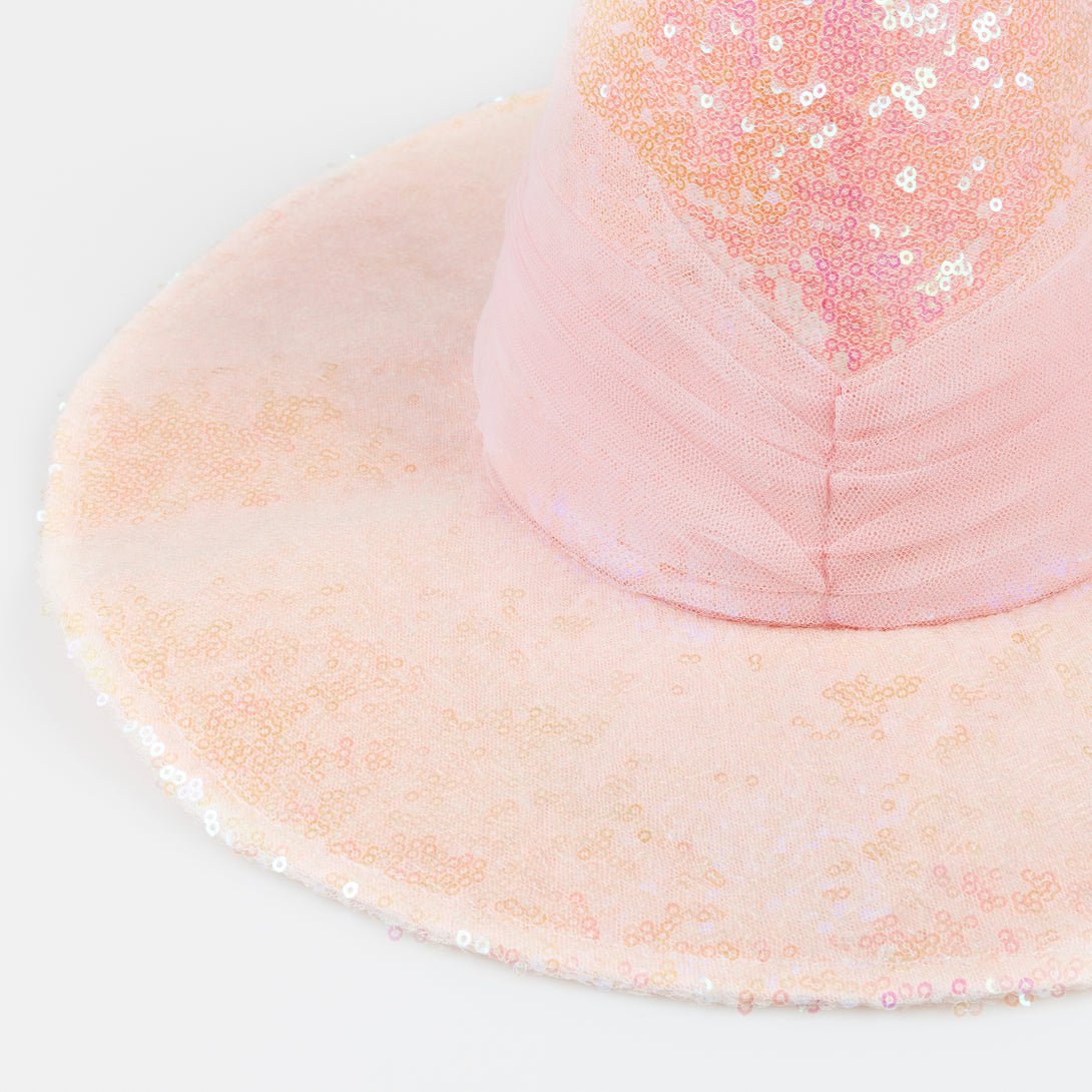 Our pink witch hat is made with iridescent pink sequin fabric and pink tulle for a shimmering, stylish Halloween costume. Image3