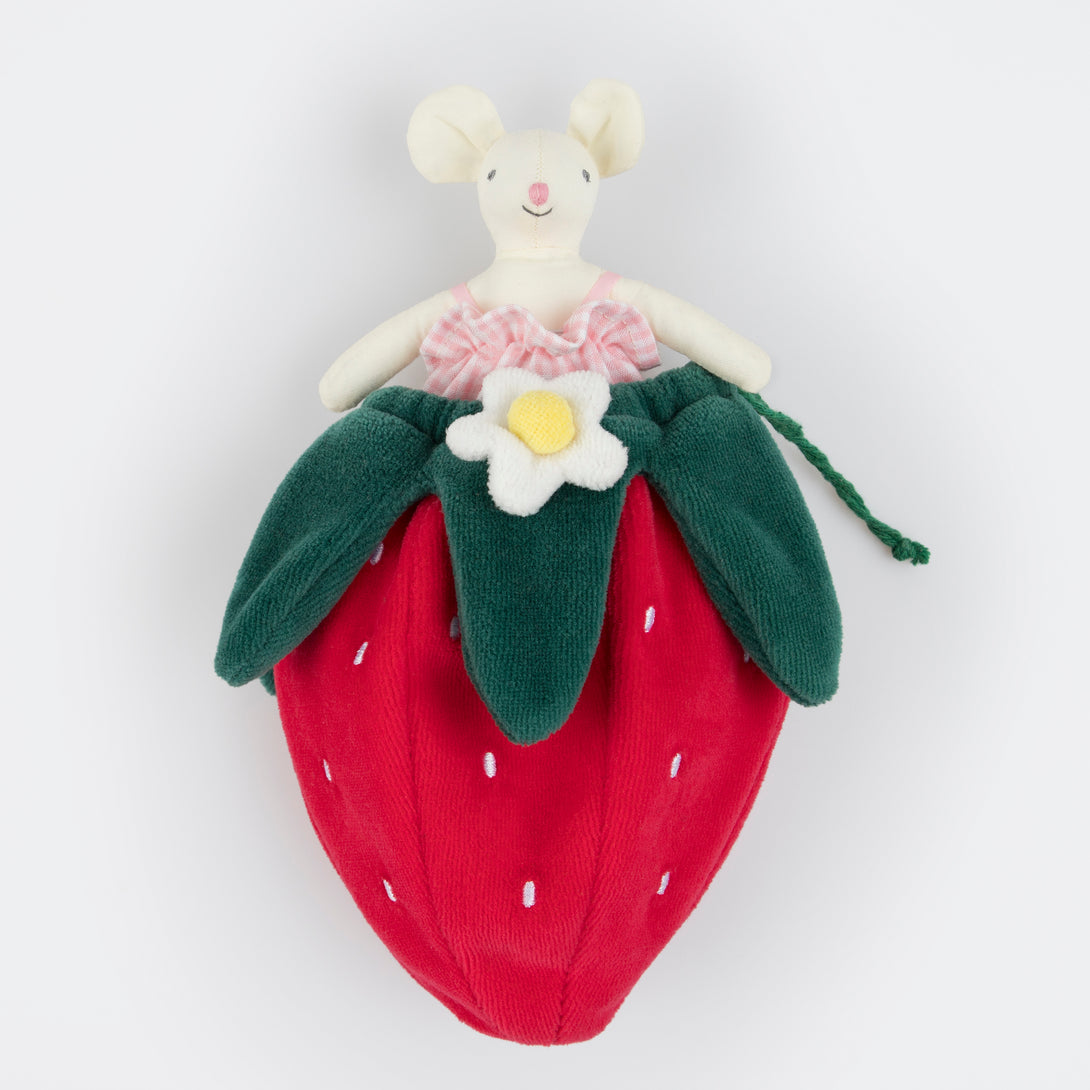 Our fabric mouse doll and velvet pouch, in the shape of a strawberry, is a wonderful gift.