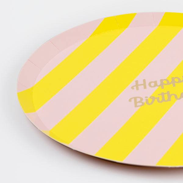 Our side plates feature an on trend pattern of stripes and the words Happy Birthday in shiny gold foil. Image2