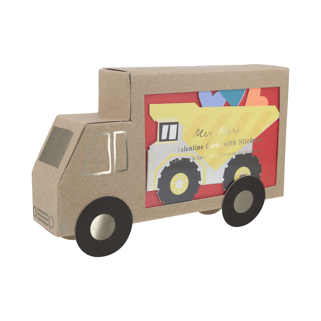 Our Valentine's cards for kids set include brightly coloured trucks and Valentine's stickers.