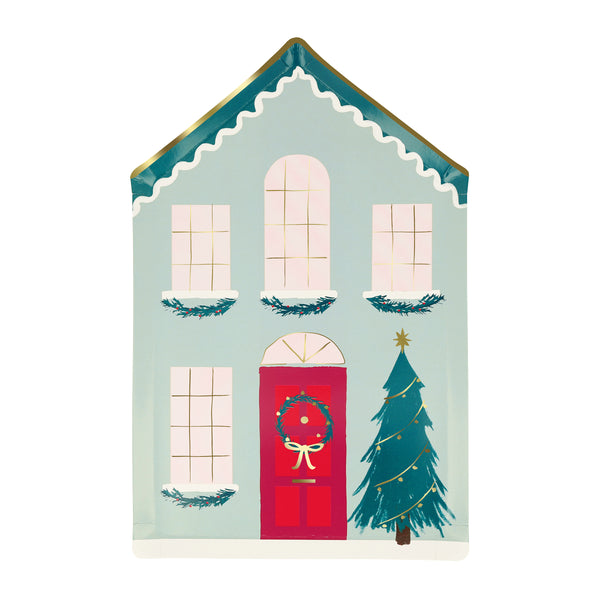 Our Christmas plates are made in the shape of houses, with a traditional wintry scene with a Christmas wreath and decorations on the tree. Image6