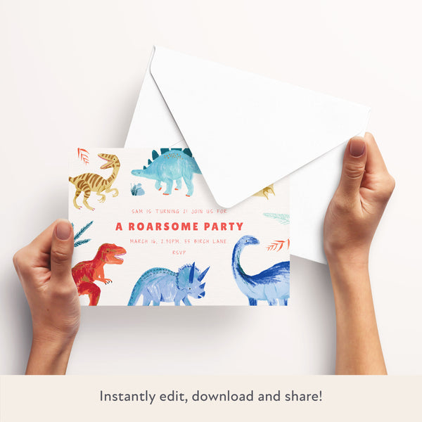 Our digital party invitations, easy to personalise and download, are ideal for your dinosaur party. Image3