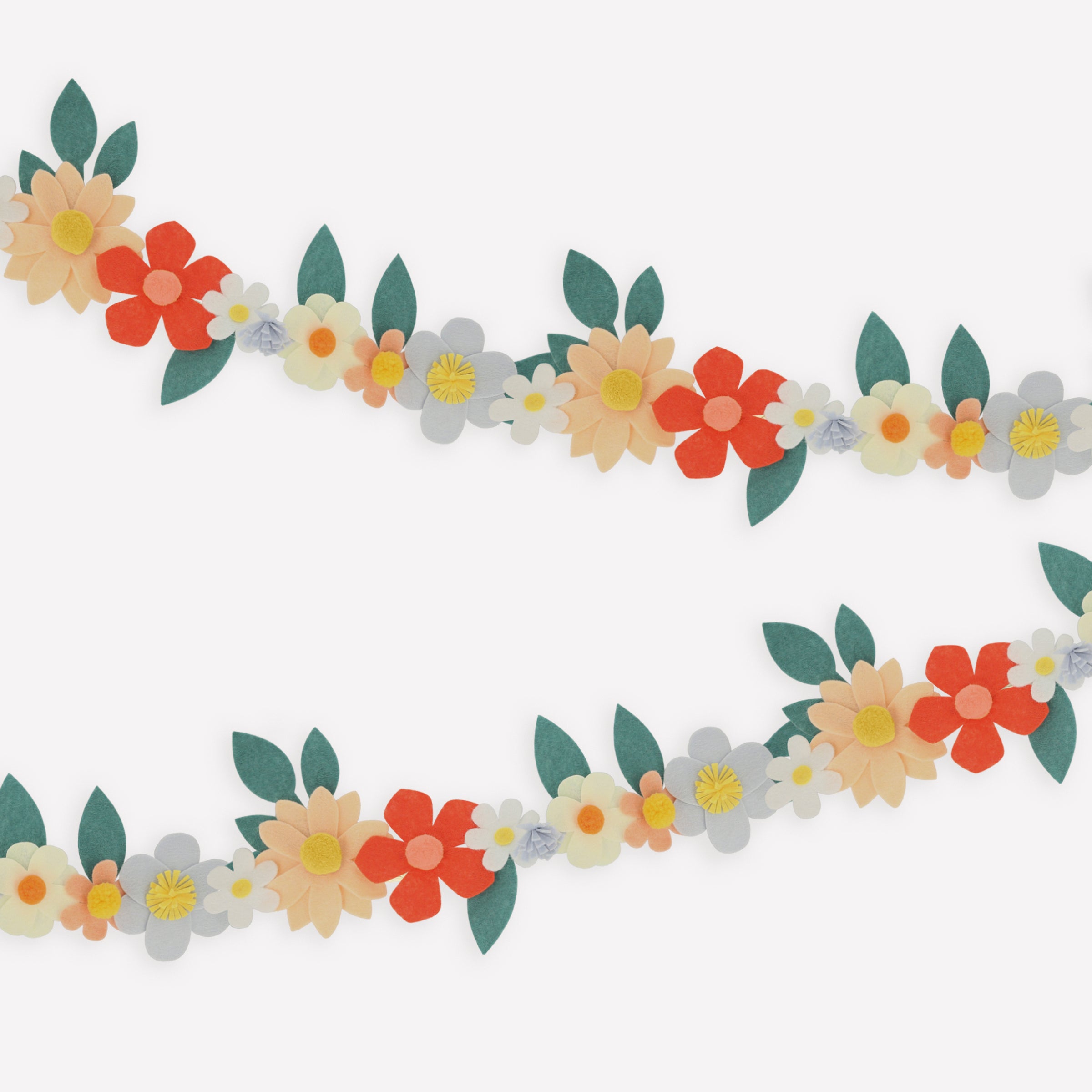 Our special party garland is crafted from felt, with flowers with pompom centres.