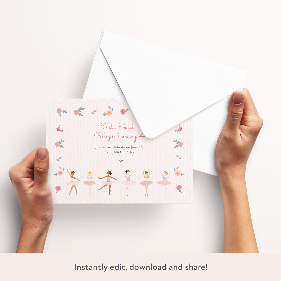 Our digital party invitation featuring pretty ballerinas is perfect for a ballet party.