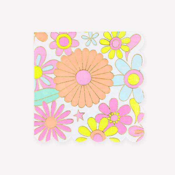 Our 3-ply paper napkins, in a large size, features a groovy vibrant flower power design, ideal for 70s parties or any fun celebration. Image1
