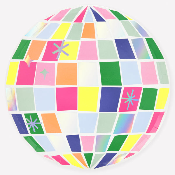 Our special paper plates are made to look like a disco ball, with holographic foil for shine and shimmer, ideal for a disco party. Image1