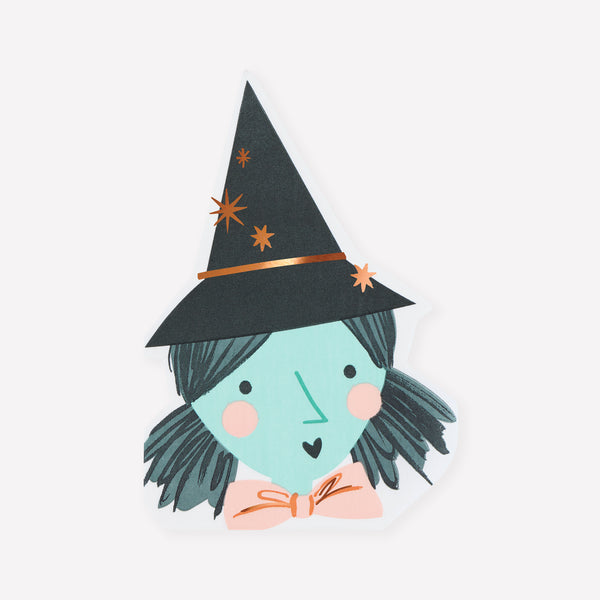 Unsere Halloween-Servietten in Form eines Hexengesichts mit schimmernden Kupferfoliendetails sind ideal, um Ihren Partytisch aufzuwerten. Bild1