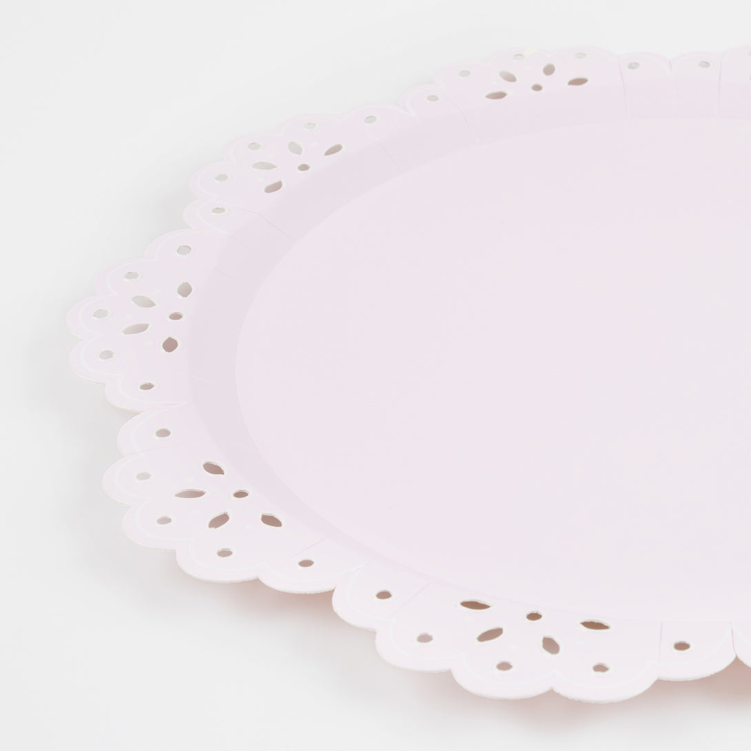 Our pretty party plates with a lace design are the perfect baby shower plates or bridal shower plates.