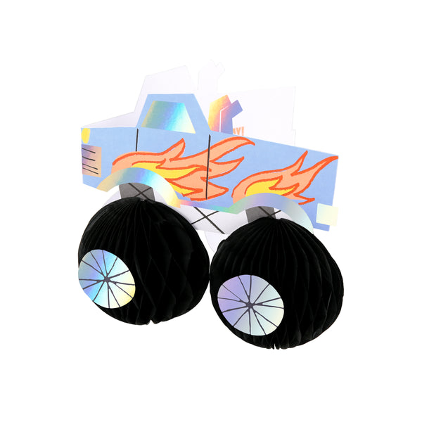 Our birthday card, in the shape of a monster truck, has big honeycomb wheels and lots of shiny silver holographic details. Image4