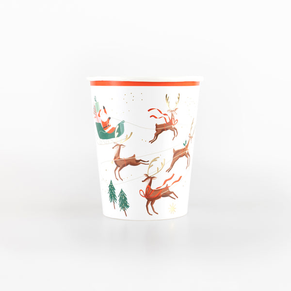 Serve hot or cold Christmas drinks in our paper party cups featuring a fun Santa design, ideal for kids and adults. Image1