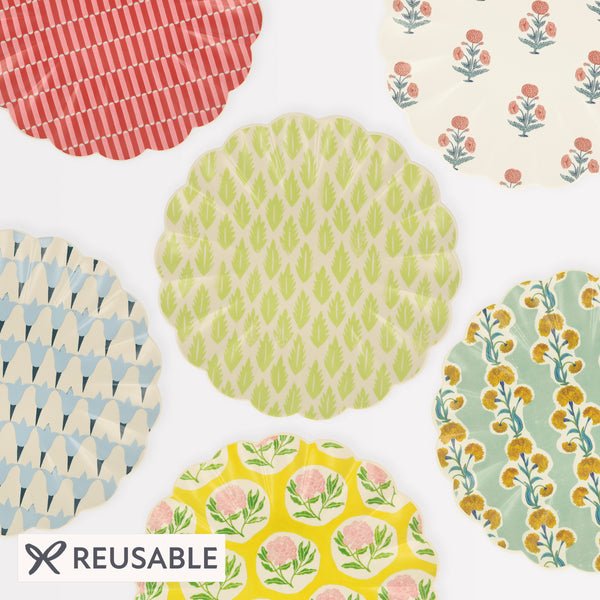 Our reusable large plates, made from melamine, feature Molly Mahon block print designs. Image1
