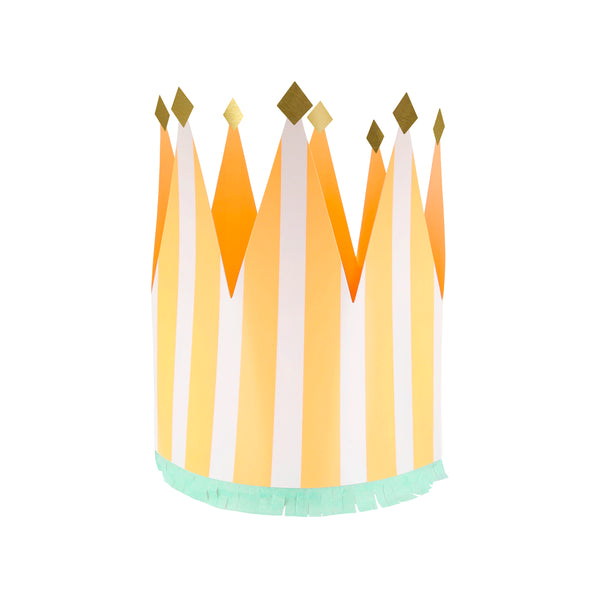 Our paper crowns, made with vibrant stripes, tissue paper fringing and shiny gold foil details, are the perfect birthday party hats. Image10