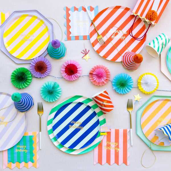 Our bright stripes party set has everything you need in a birthday supply set, with tableware, a cupcake kit, party hats and a mini garland.  Image2