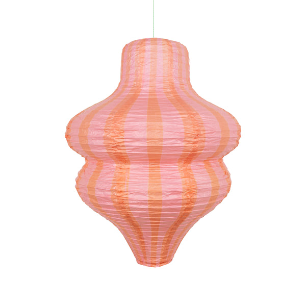 Our paper lanterns, a set of three with orange and blue floral and striped print designs, feature a round, oval and wavy shape. Image4