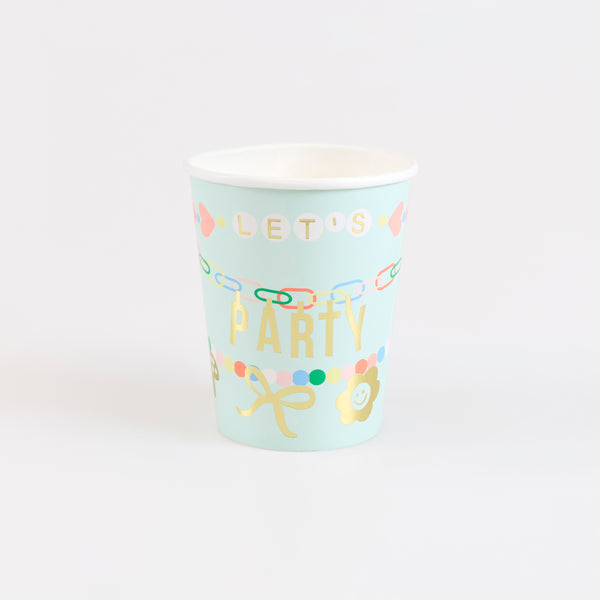 Our paper cups, with pastel colours, shiny gold foil and pretty charm inspired designs, are ideal as birthday party cups. Image1