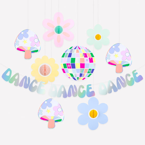 Add fun to your dance party with our groovy garland set of a fun garland and hanging decorations, with bright colours, icons and shiny silver foil. Image1