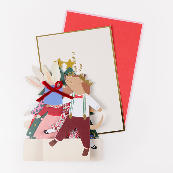 Our Christmas card for kids features animals around the Christmas tree and embellished gifts, opens out for an adorable display. Image2