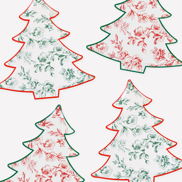 Our Christmas tree plates, made from heavyweigth paper,  feature an elegant Toile de Jouy print in red and green with contrasting borders. Image1