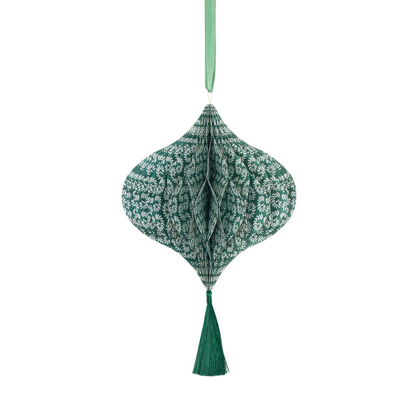 Our hanging Christmas decorations, made from honeycomb, feature stylish Molly Mahon prints designs and shimmering tinsel tassels. Image6