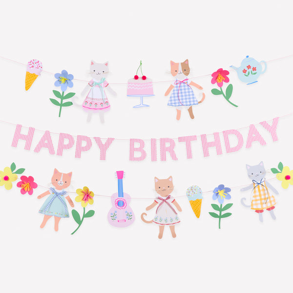Our birthday garlands set contains 3 colourful garlands, two with cute kittens with embellishments, and one with a Happy Birthday message. Image1